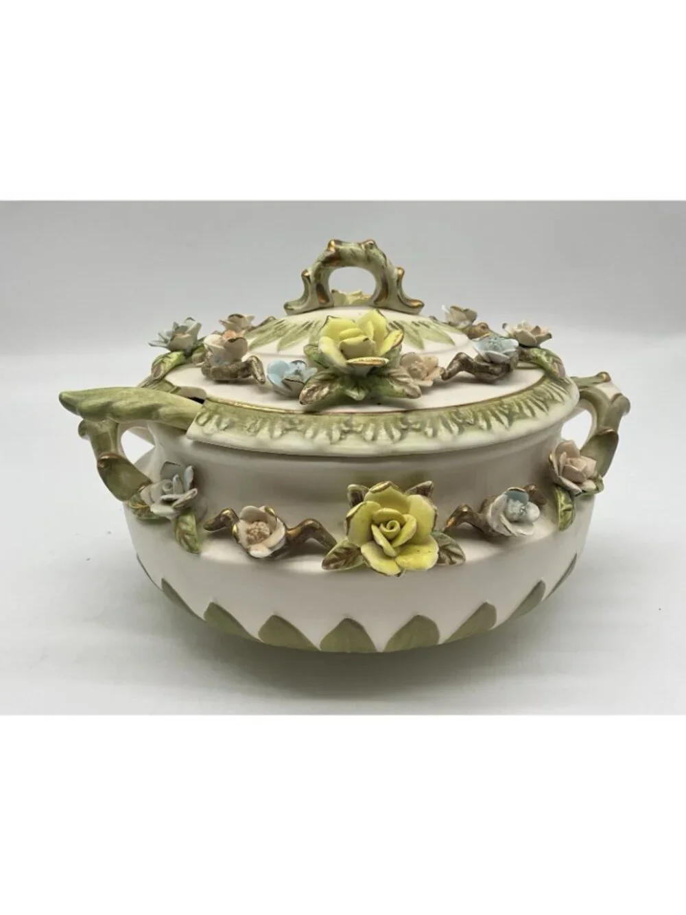 Lenwile Ardalt Fine Tureen, Lid and Ladle Set # 7004 Capodimonte Style Flowers